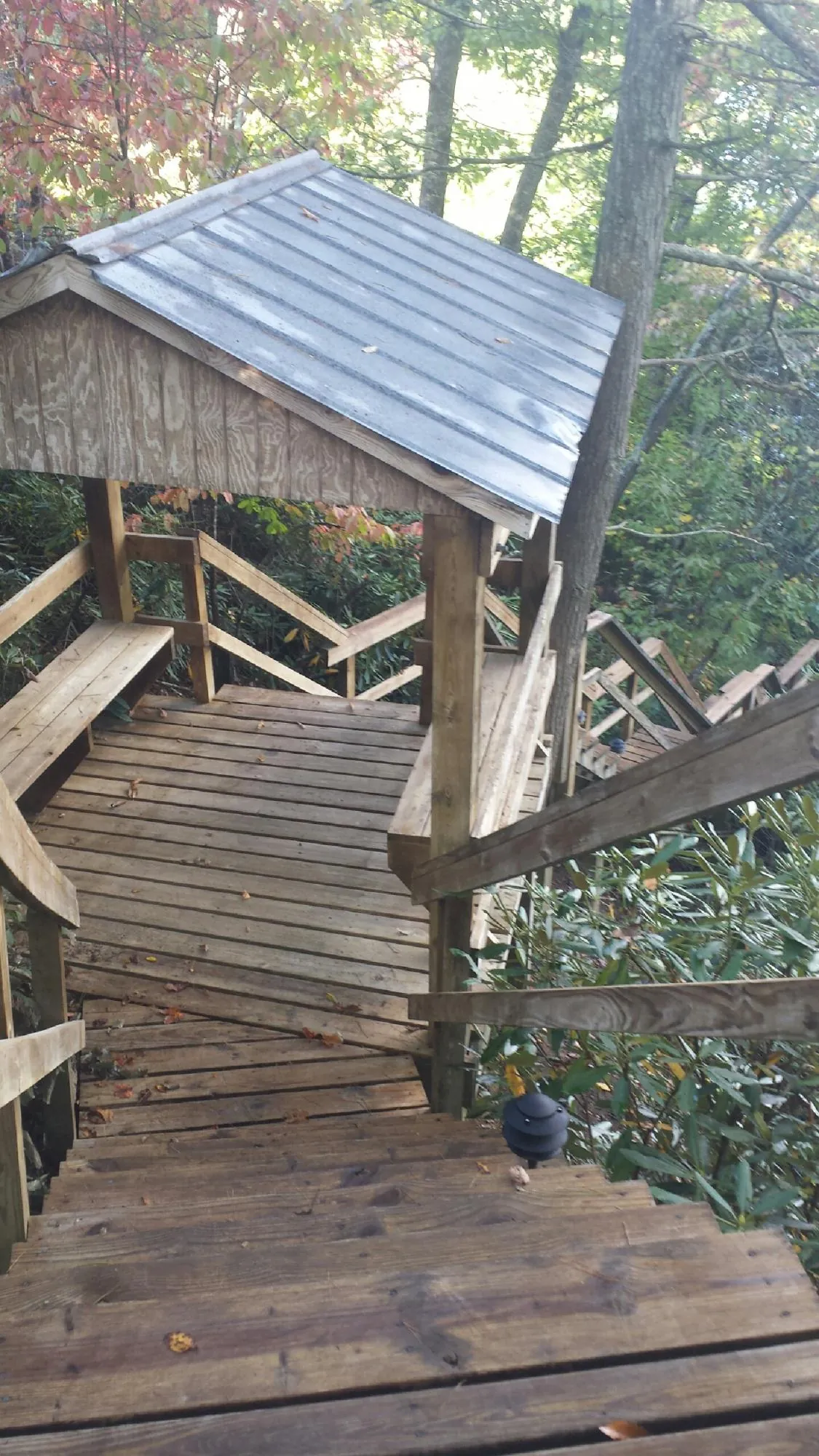 Metal roofed shelter over wooden steps on a wooded walkway — Skylight Repair & Installation work by our crew in Brown City